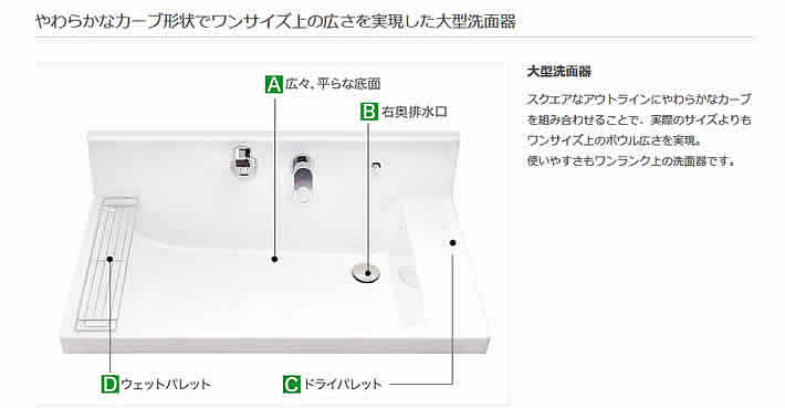 やわらかなカーブ形状でワンサイズ上の広さを実現した大型洗面器
