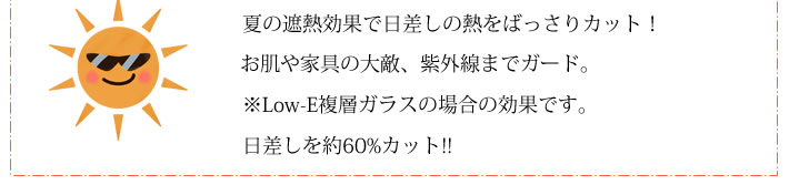 夏の遮熱効果で日差しの熱をばっさりカット！お肌や家具の大敵、紫外線までガード。※Low-E複層ガラスの場合の効果です。日差しを約60%カット!!