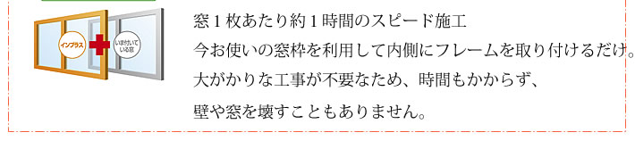 窓１枚あたり約１時間のスピード施工　今お使いの窓枠を利用して内側にフレームを取り付けるだけ。大がかりな工事が不要なため、時間もかからず、壁や窓を壊すこともありません。