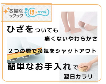 お掃除ラクラクほっカラリ床 ひざをついても痛くないやわらかさ 2つの層で冷気をシャットアウト 簡単なお手入れで翌日カラリ