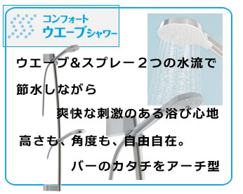 コンフォートウェーブシャワー　ウェーブ&スプレー2つの水流で節水しながら爽快な刺激のある浴び心地　高さも、角度も、自由自在。バーのカタチをアーチ型