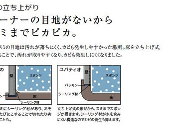 床の立ち上がり　コーナーの目地がないからスミまでピカピカ
