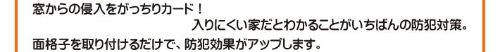 窓からの侵入をがっちりカード！　入りにくい家だとわかることがいちばんの防犯対策。　面格子を取り付けるだけで、防犯効果がアップします。