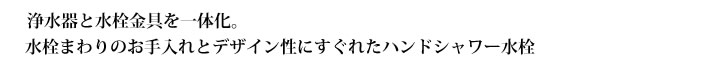 浄水器と水栓金具を一体化。
            水栓まわりのお手入れとデザイン性にすぐれたハンドシャワー水栓