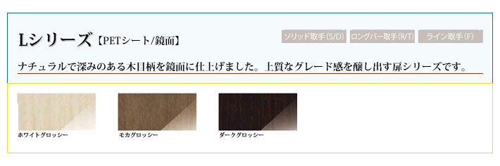 Lシリーズ　ナチュラルで深みのある木目柄を鏡面に仕上げました。上質なグレード感を醸し出す扉シリーズです。