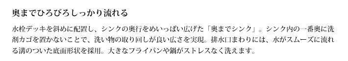 奥までひろびろしっかり流れる
            水栓デッキを斜めに配置し、シンクの奥行をめいっぱい広げた「奥までシンク」。シンク内の一番奥に洗剤カゴを置かないことで、洗い物の取り回しが良い広さを実現。排水口まわりには、水がスムーズに流れる溝のついた底面形状を採用。大きなフライパンや鍋がストレスなく洗えます。