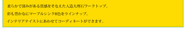 柔らかで深みがある質感をそなえた人造大理石ワークトップ。
            彩も豊かなにマーブルシンク8色をラインナップ。
            インテリアテイストにあわせてコーディネートができます。