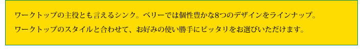 ワークトップの主役とも言えるシンク。ベリーでは個性豊かな8つのデザインをラインナップ。
            ワークトップのスタイルと合わせて、お好みの使い勝手にピッタリをお選びいただけます。