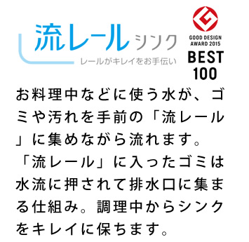 新発想の「流レール」が生みだす水流。新発想の水路「流レール」で調理中からシンクがキレイ