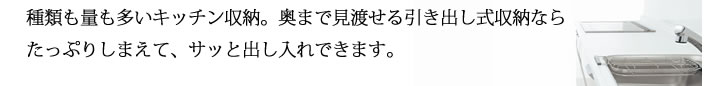 種類も量も多いキッチン収納。奥まで見渡せる引き出し式収納ならたっぷりしまえて、サッと出し入れできます。