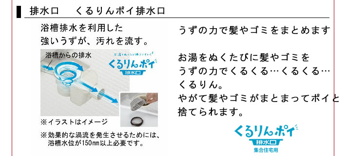 排水口　くるりんポイ排水口　うずの力で髪やゴミをまとめます
			お湯をぬくたびに髪やゴミをうずの力でくるくる…くるくる…くるりん。
			やがて髪やゴミがまとまってポイと捨てられます。