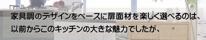 家具調のデザインをベースに扉面材を楽しく選べるのは、以前からこのキッチンの大きな魅力でしたが、