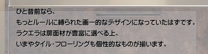 ひと昔前なら、もっとルールに縛られた画一的なデザインになっていたはずです。ラクエラは扉面材が豊富に選べる上、いまやタイル・フローリングも個性的なものが揃います。