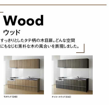 Woodウッド　すっきりとしたタテ柄の木目扉。どんな空間にもなじむ素朴な木の風合いを表現しました。対応取手：L