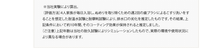 ※当社実験により算出。
        〔評価方法〕4人家族が毎日入浴し、ぬめりを取り除くための週2回の歯ブラシによるこすり洗いをすることを想定した耐温水試験と耐摩耗試験により、排水口の劣化を推定したものです。その結果、上記条件において約10年間、そのコーティング効果が保持されると推定しました。〔ご注意〕上記年数は当社の耐久試験によりシミュレーションしたもので、実際の環境や使用状況により異なる場合があります。