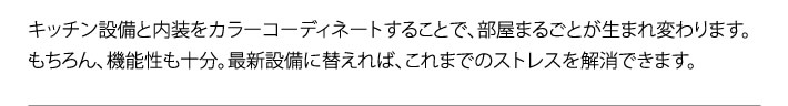 キッチン設備と内装をカラーコーディネートすることで、部屋まるごとが生まれ変わります。もちろん、機能性も十分。最新設備に替えれば、これまでのストレスを解消できます。