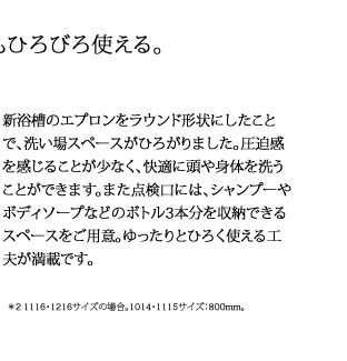 新浴槽のエプロンをラウンド形状にしたこと
で、洗い場スペースがひろがりました。圧迫感
を感じることが少なく、快適に頭や身体を洗う
ことができます。また点検口には、シャンプーや
ボディソープなどのボトル3本分を収納できる
スペースをご用意。ゆったりとひろく使える工
夫が満載です。