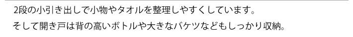 2段の小引き出しで小物やタオルを整理しやすくしています。そして開き戸は背の高いボトルや大きなバケツなどもしっかり収納。