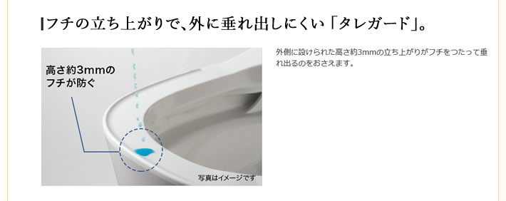 フチの立ち上がりで、外に垂れ出しにくい「タレガード」