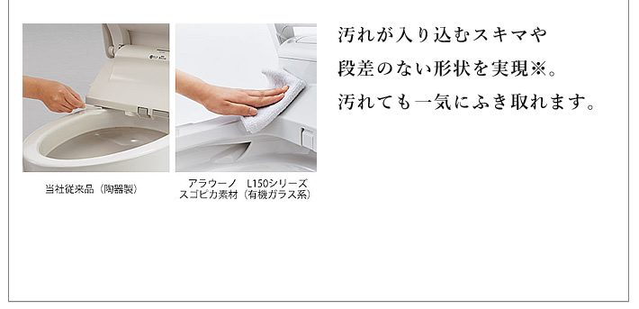 汚れが入り込むスキマや段差のない形状を実現※。汚れても一気にふき取れます。