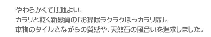 やわらかくて心地よい、カラリと乾く新感覚のお掃除ラクラクほっカラリ床。本物のタイルさながらの質感や、天然石の風合いを追求しました。