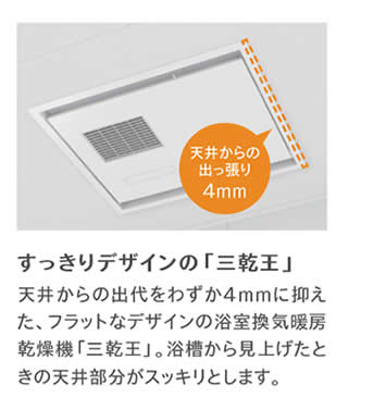 天井からの出っ張り4mm　すっきりデザインの「三乾王」
			天井からの出代をわずか４mmに抑えた、フラットなデザインの浴室換気暖房
			乾燥機「三乾王」。浴槽から見上げたときの天井部分がスッキリとします。