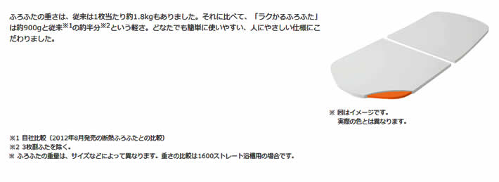 ふろふたの重さは、従来は1枚当たり約1.8kgもありました。それに比べて、「ラクかるふろふた」は約900gと従来※1の約半分※2という軽さ。どなたでも簡単に使いやすい、人にやさしい仕様にこだわりました。