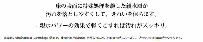 床の表面に特殊処理を施した親水層が
            汚れを落としやすくして、きれいを保ちます。
            親水パワーの効果で軽くこすれば汚れがスッキリ。