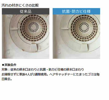 形従来品抗菌・防カビ仕様汚れの付きにくさの比較■実験条件対象：従来の排水口まわりと抗菌・防カビ仕様の排水口まわりお掃除せずに家族４人が2週間使用。ヘアキャッチャーにたまったゴミは毎日除去。