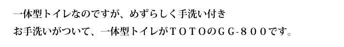 一体型トイレなのですが、めずらしく手洗い付き
お手洗いがついて、一体型トイレがTOTOのGG-800です。